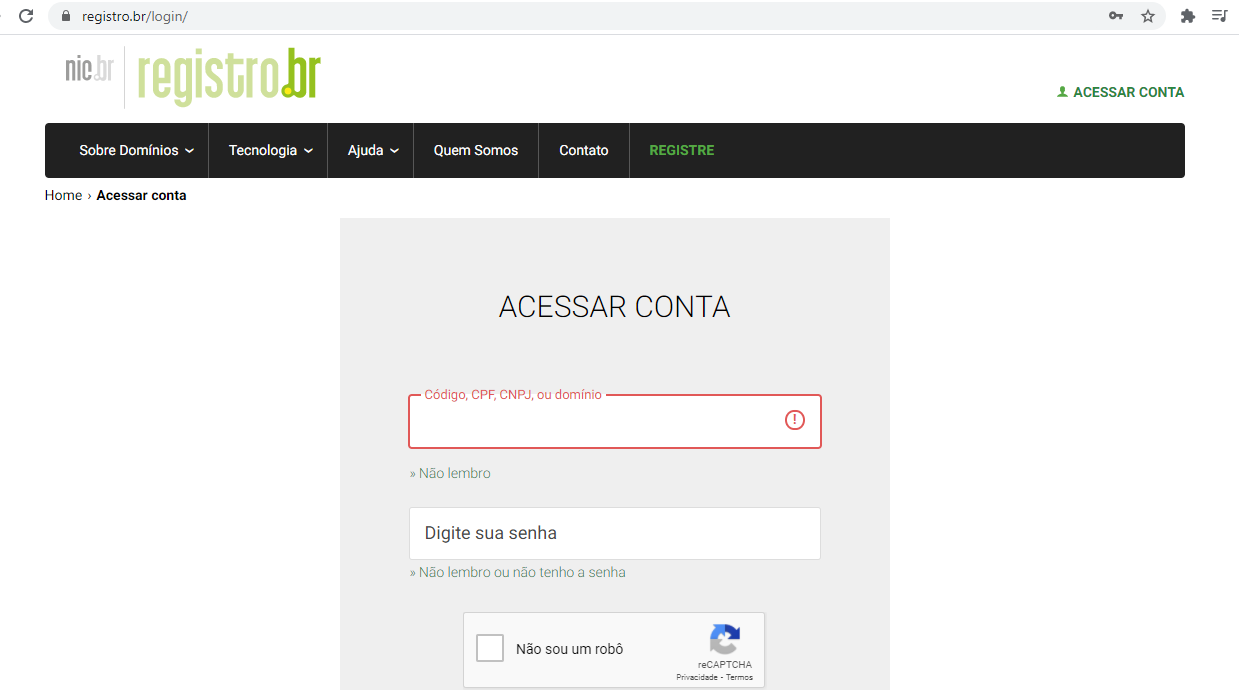 Acessar conta Registro.br